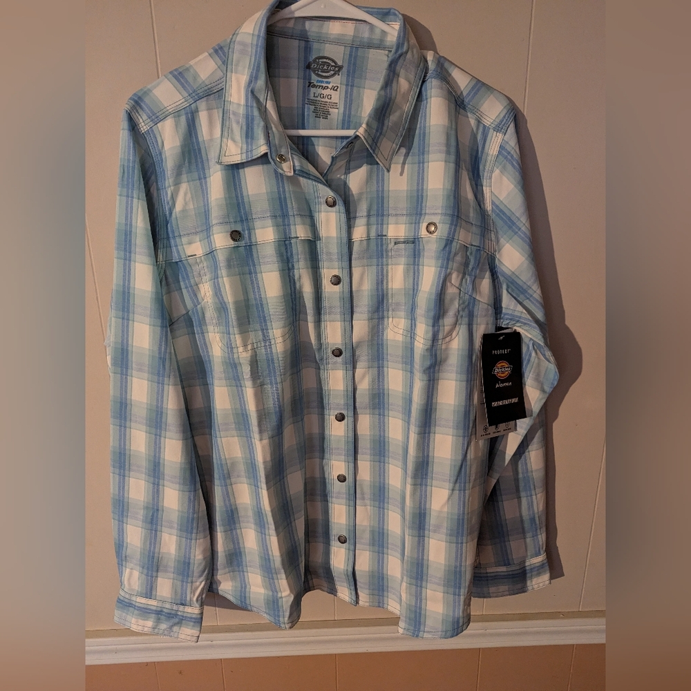 Dickies Women’s Cooling Temp-iQ Utility Work Shirt Plaid Blue/White Size Large
